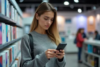 Femme tenant un Samsung Galaxy A05s dans un magasin d'électronique pour comparer les modèles avant achat