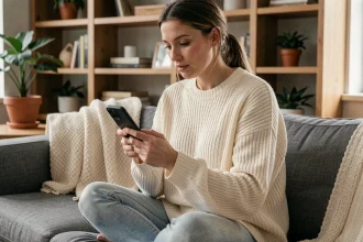 Jeune femme consultant des stories Instagram en secret sur son smartphone depuis son canapé
