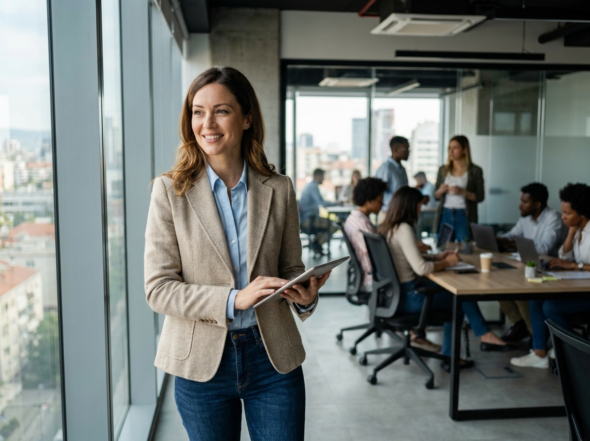 Femme souriante dans un espace de coworking avec tablette