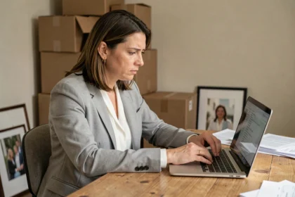 Femme consultant son compte en ligne sur un ordinateur portable entourée de cartons de déménagement dans un bureau à domicile