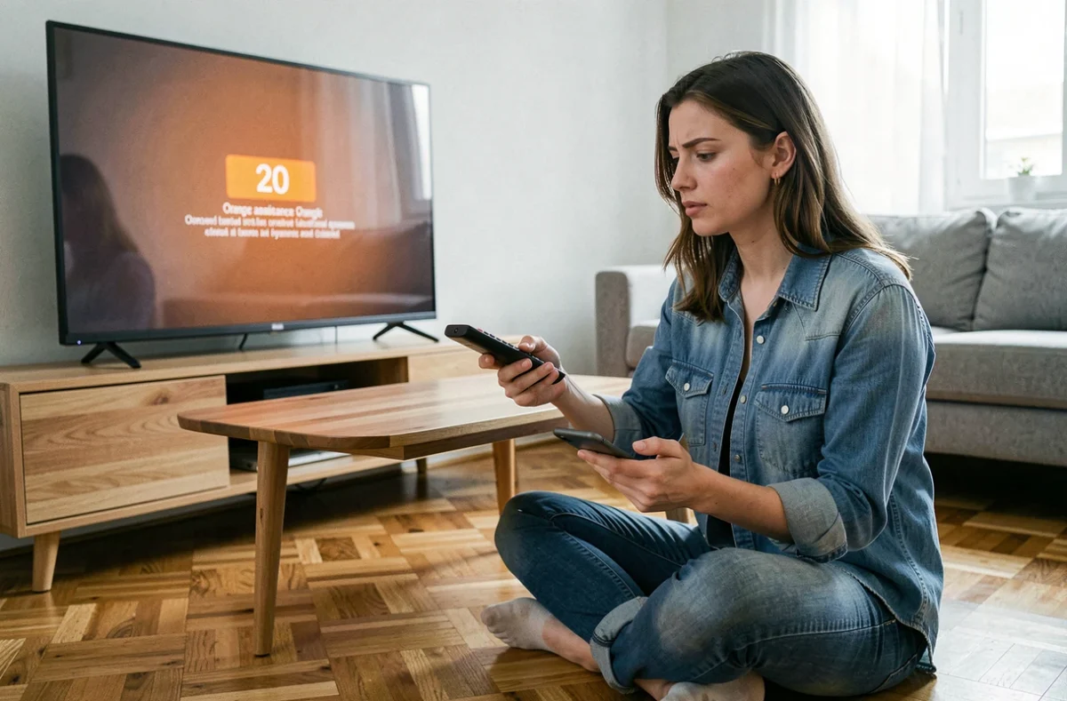 Femme consultant le site Orange sur smartphone pour corriger un code erreur L11-06 sur sa télévision