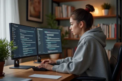 Jeune femme utilisant Discord sur un bureau moderne avec du texte en italique visible sur l'écran