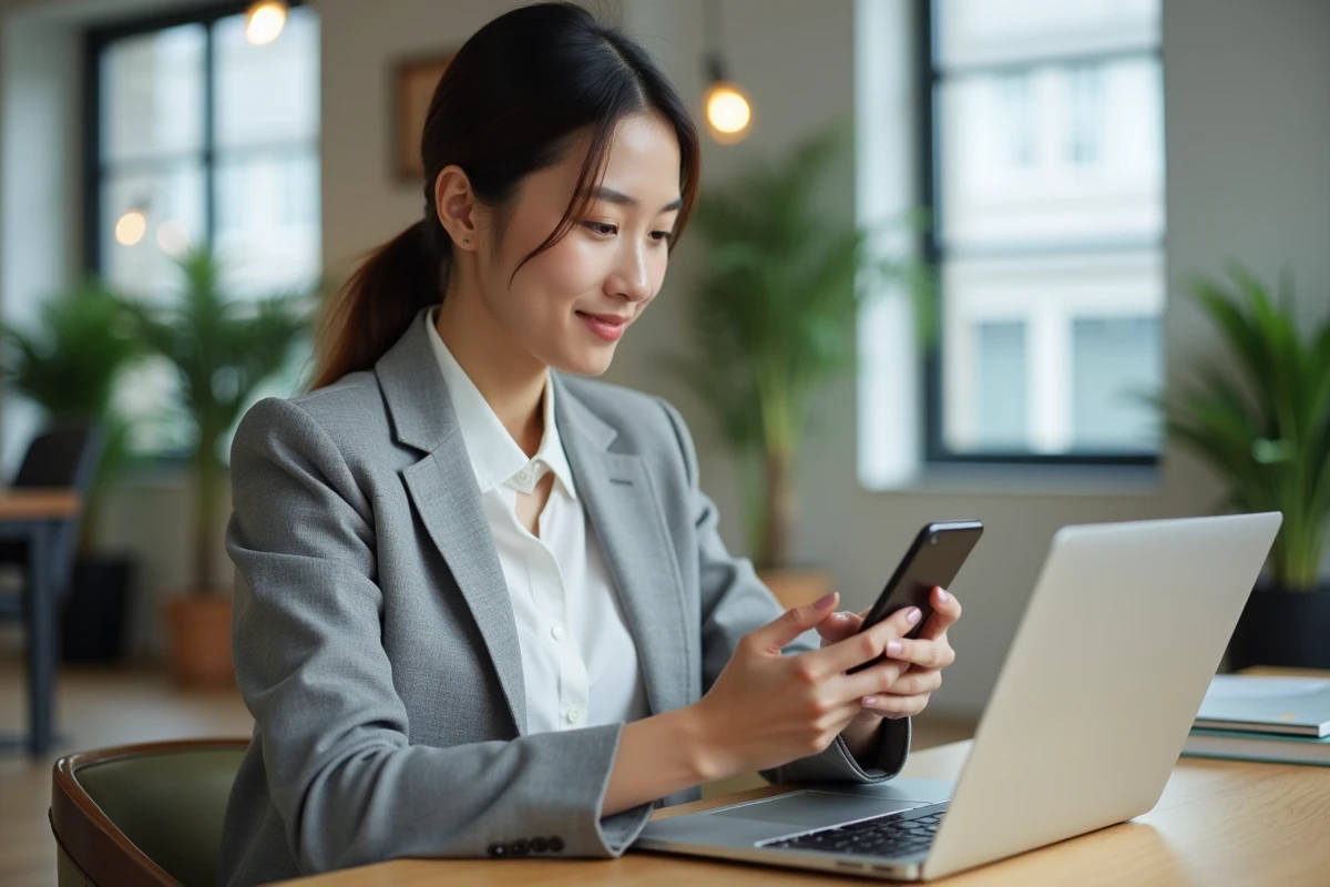 Femme vérifiant l'éligibilité 5G SFR sur son smartphone dans un espace de coworking