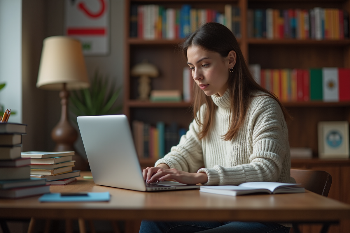 Femme étudiante concentrée sur son ordinateur portable en intérieur