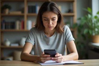 Femme frustrée tentant de récupérer un texte perdu dans le presse-papier de son smartphone Android