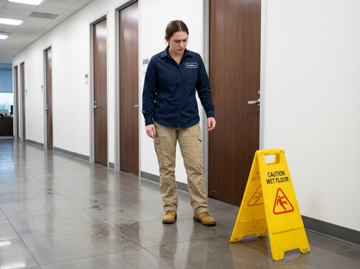 Jeune femme agent d entretien constatant une fuite dans un couloir