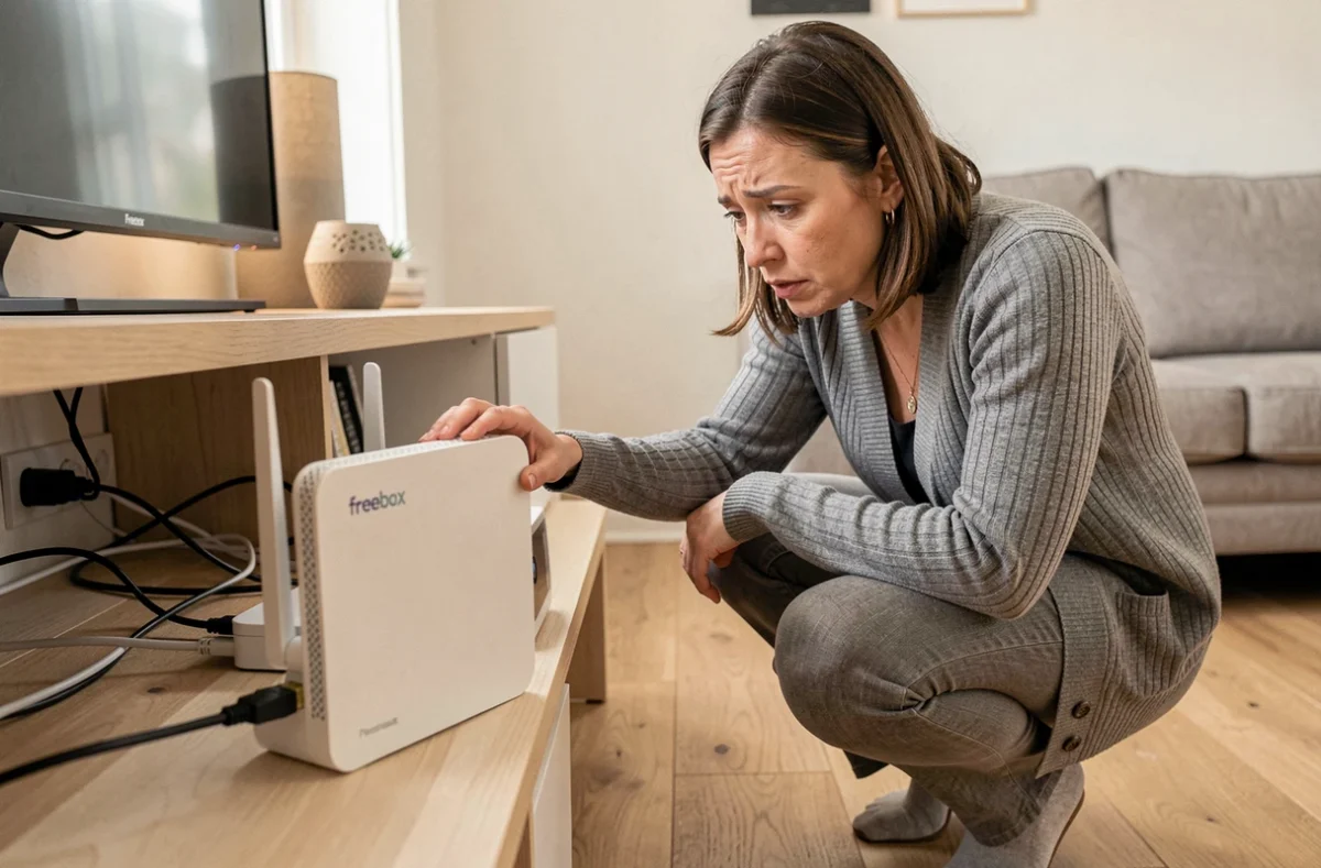 Femme inspectant une Freebox et un routeur connecté dans un salon moderne après une perte d'accès à l'interface