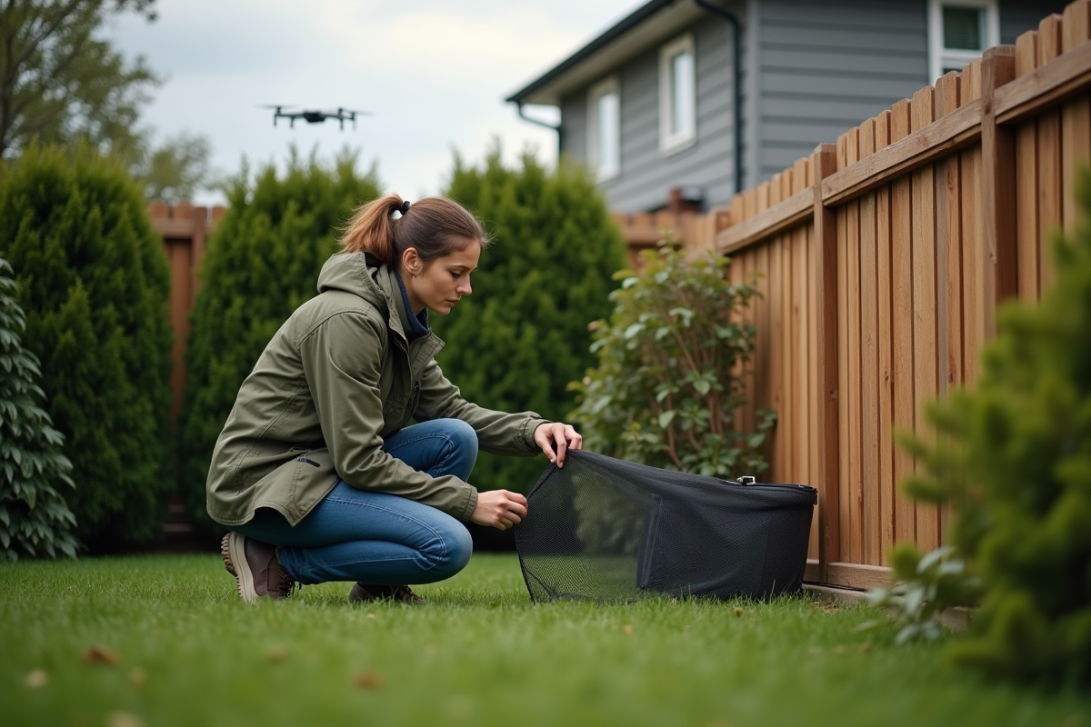 Femme dans un jardin avec dispositif anti-drone discret