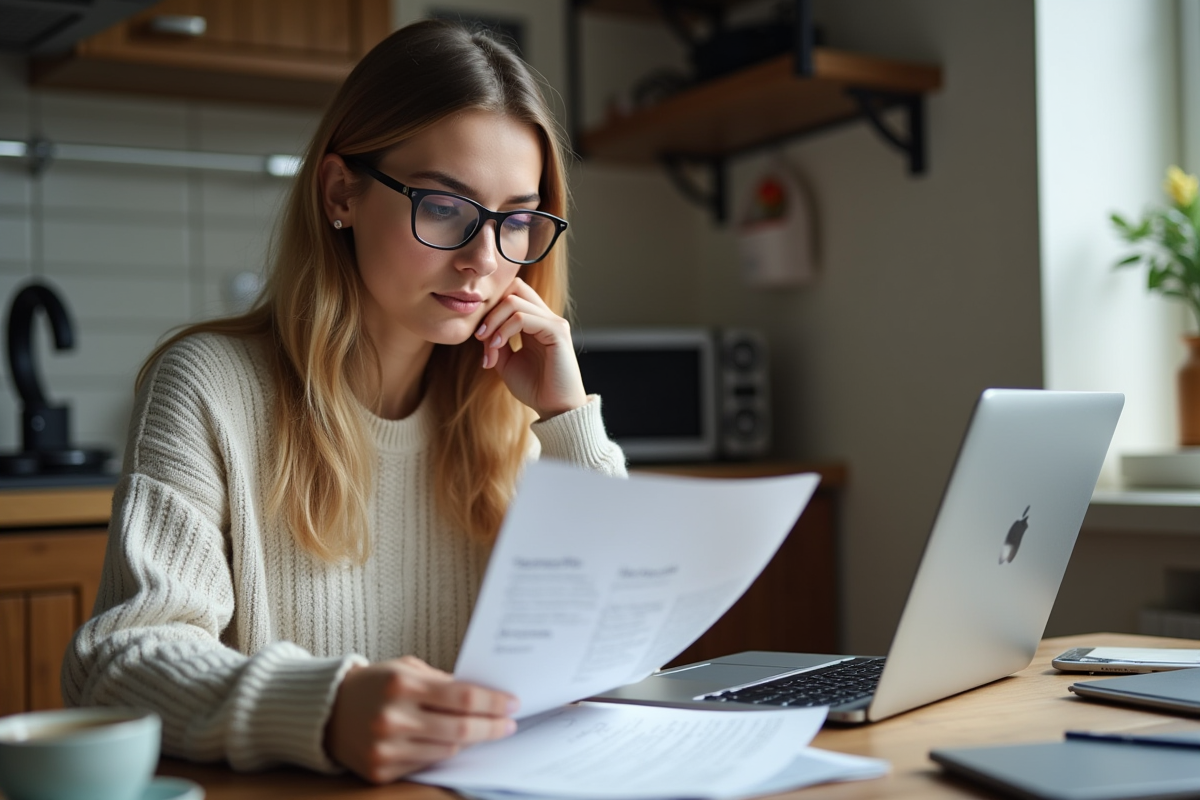 Femme regardant une liste de mots de passe dans une cuisine