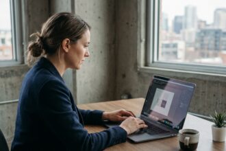 Femme professionnelle travaillant sur un MacBook Pro dans un bureau moderne minimaliste