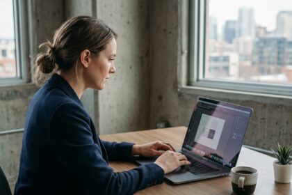 Femme professionnelle travaillant sur un MacBook Pro dans un bureau moderne minimaliste