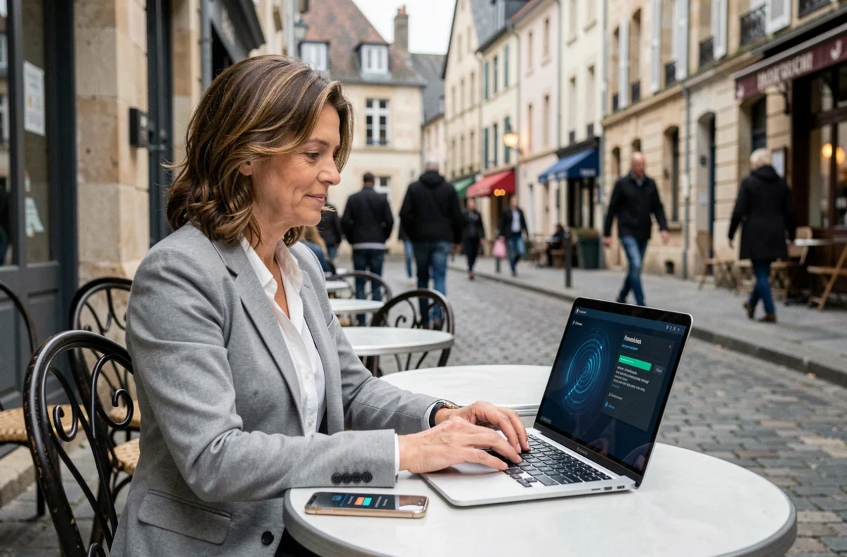 Femme professionnelle accédant à sa messagerie Mel en déplacement depuis un café à Rennes en toute sécurité