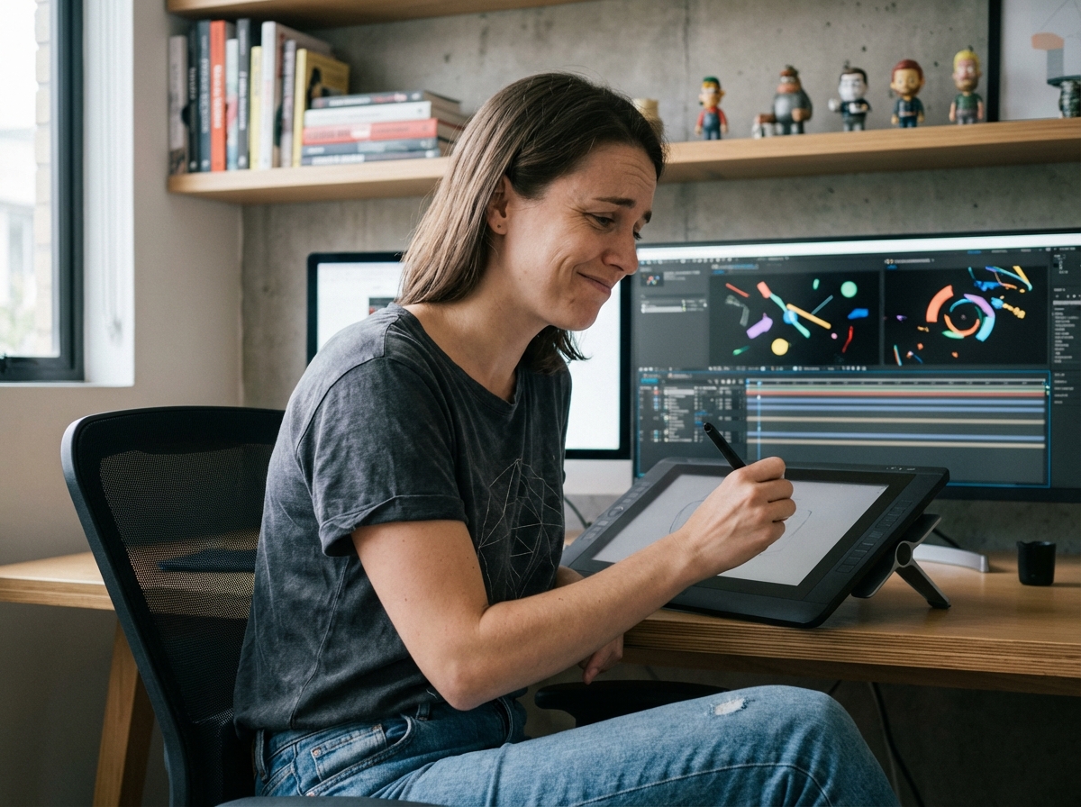 Femme motion designer esquissant sur une tablette dans son bureau
