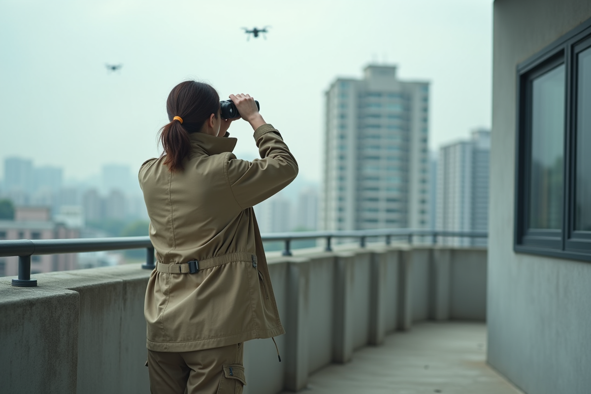 Jeune femme avec jumelles sur un balcon en ville