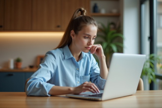 Jeune femme en cuisine effectuant un paiement en ligne