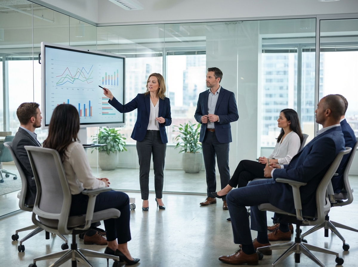 Femme confiante présentant des graphiques dans une salle hightech