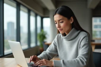 Femme professionnelle utilisant un MacBook Air M1 dans un bureau moderne avec vue urbaine