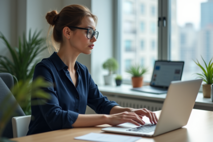 Femme professionnelle au bureau avec ordinateur et tablette