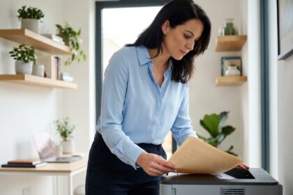 Femme professionnelle retirant des documents d'une imprimante moderne
