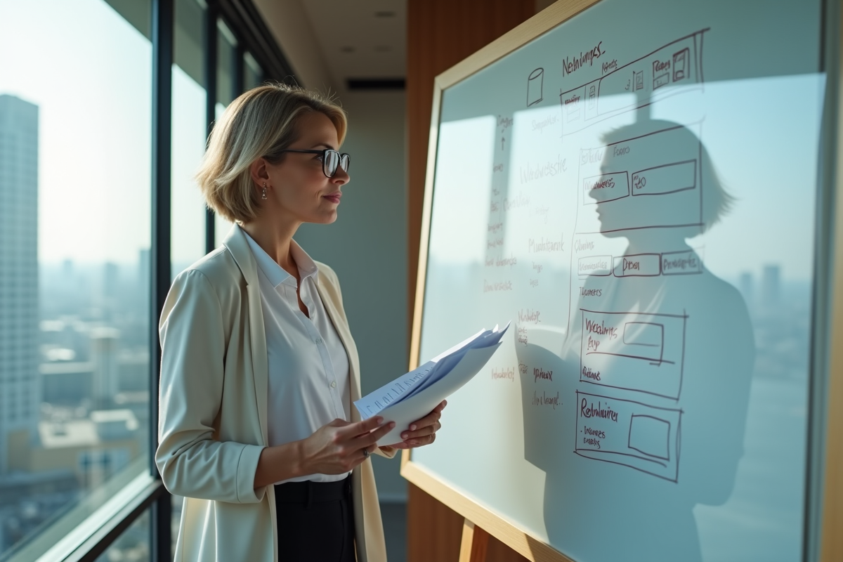 Femme d affaires regardant un tableau blanc avec diagrammes SEO