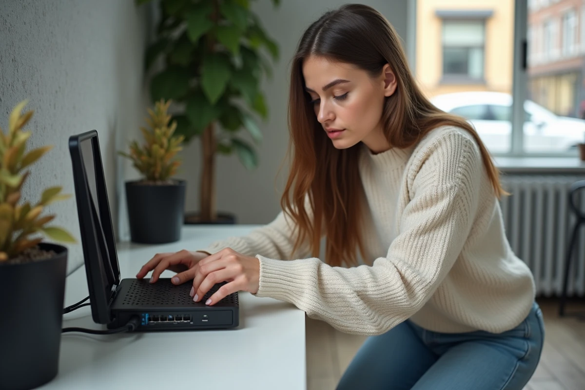 Jeune femme inspectant un routeur avec câbles Ethernet