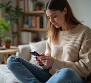 Jeune femme dans un salon cosy utilisant son smartphone