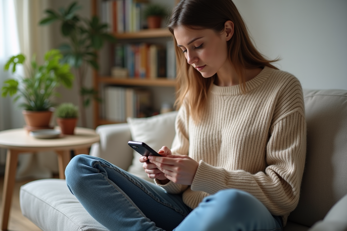 Jeune femme dans un salon cosy utilisant son smartphone