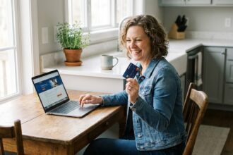Femme souriante avec carte bancaire dans une cuisine moderne
