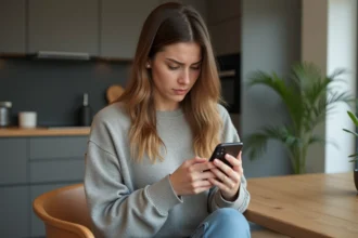 Jeune femme pensant en regardant son iPhone dans la cuisine
