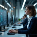 Femme concentrée travaillant sur des écrans de cybersécurité