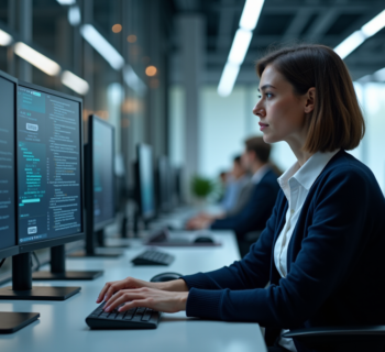 Femme concentrée travaillant sur des écrans de cybersécurité