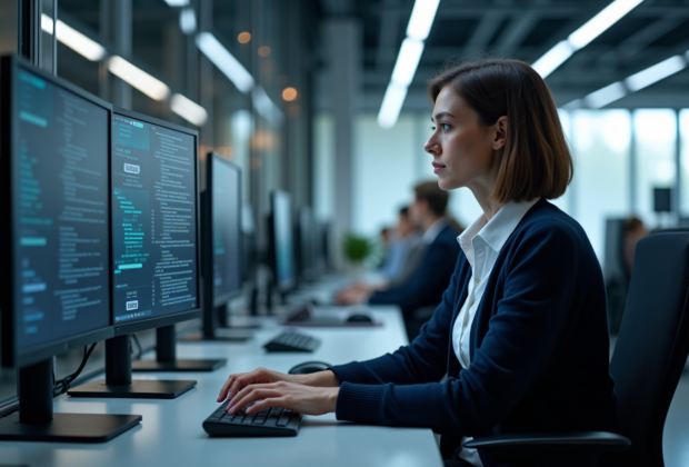 Femme concentrée travaillant sur des écrans de cybersécurité