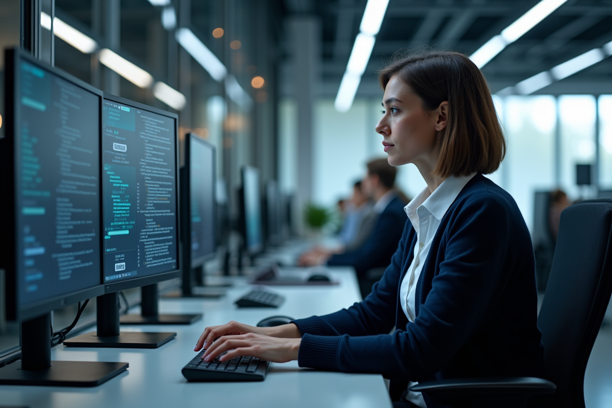 Femme concentrée travaillant sur des écrans de cybersécurité