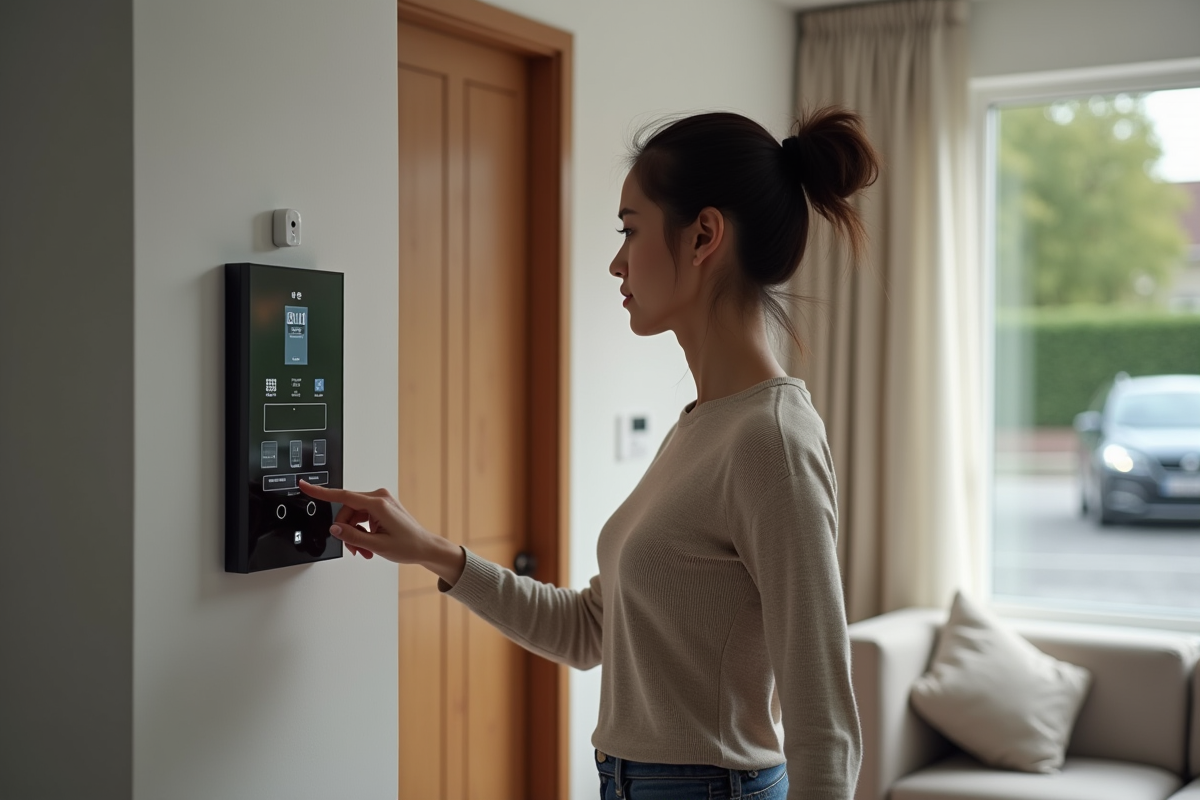 Jeune femme observant un panneau de sécurité domestique dans un salon