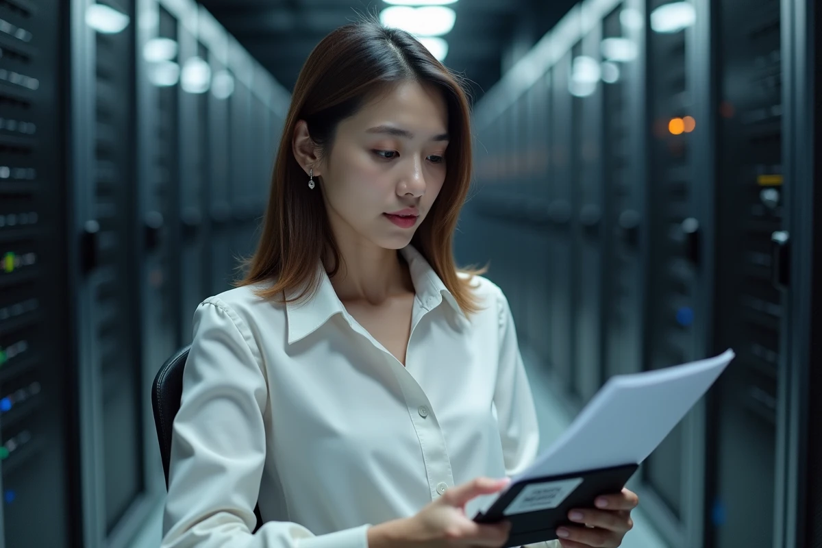Jeune femme dans une salle serveurs examinant une bande de sauvegarde