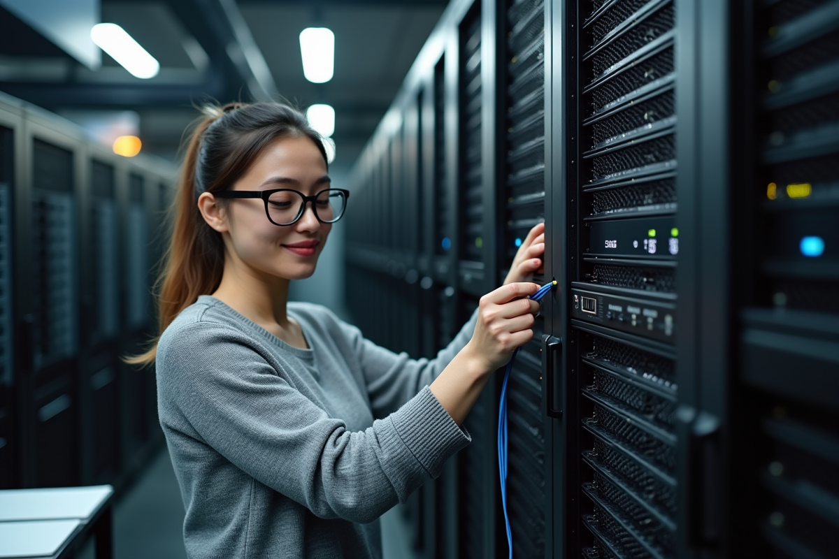 Jeune femme déconnectant un câble réseau dans une salle serveurs