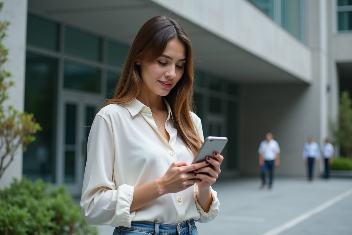 Jeune femme regardant son smartphone en extérieur