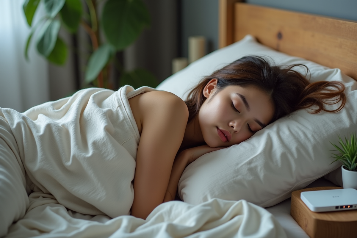 Jeune femme dormant paisiblement dans son lit avec un routeur