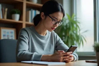 Femme consultant son smartphone pour gérer ses contacts sur Messenger dans un bureau à domicile