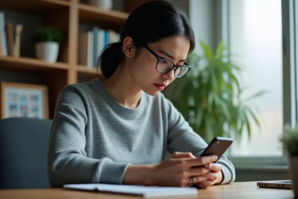 Femme consultant son smartphone pour gérer ses contacts sur Messenger dans un bureau à domicile