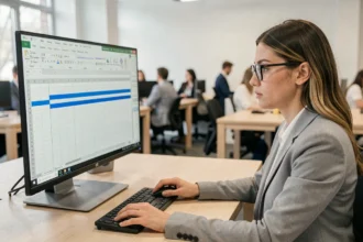 Femme professionnelle supprimant des lignes vides dans un tableau Excel sur grand écran en open space