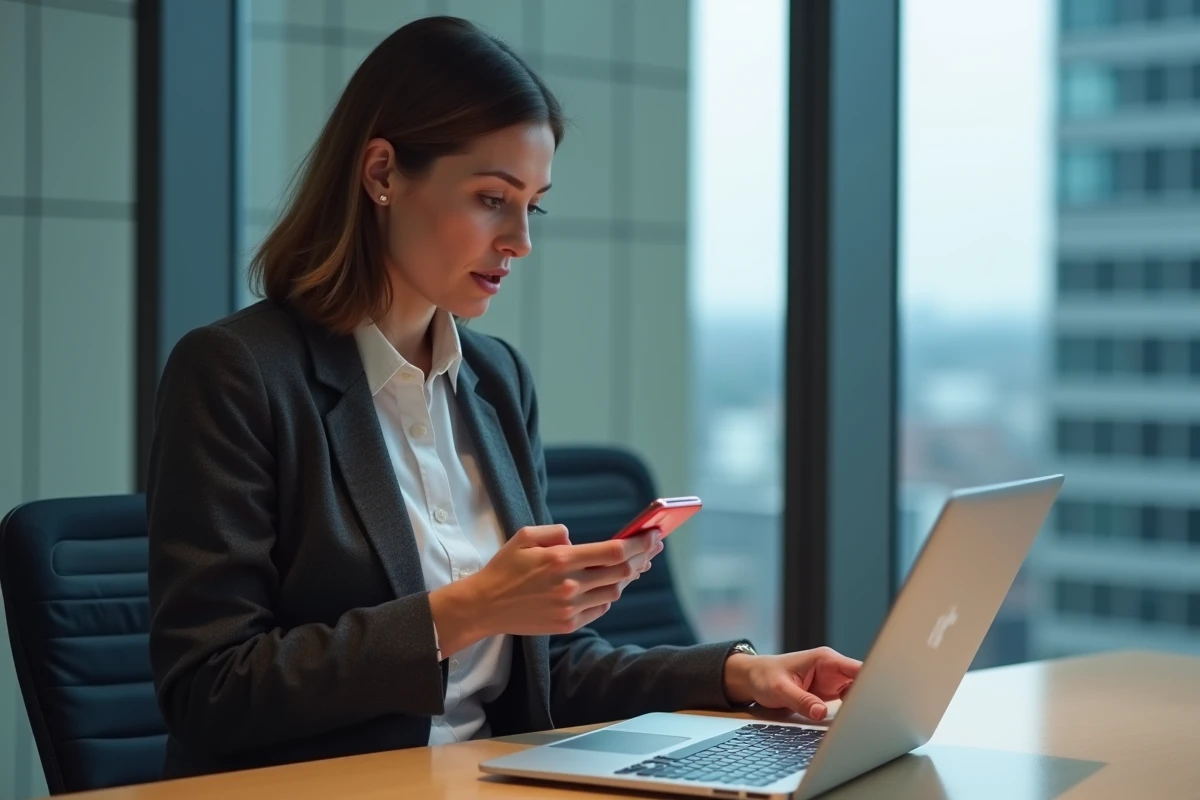 Femme surprise vérifiant son ordinateur et smartphone