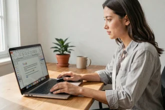 Femme utilisant Google Docs sur un ordinateur portable pour créer une table des matières dans un bureau à domicile moderne
