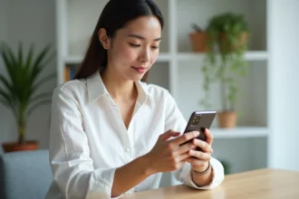 Femme testant un Samsung Galaxy smartphone à son bureau, comparatif et test du meilleur modèle Galaxy