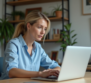 Femme utilisant un ordinateur portable pour la transcription