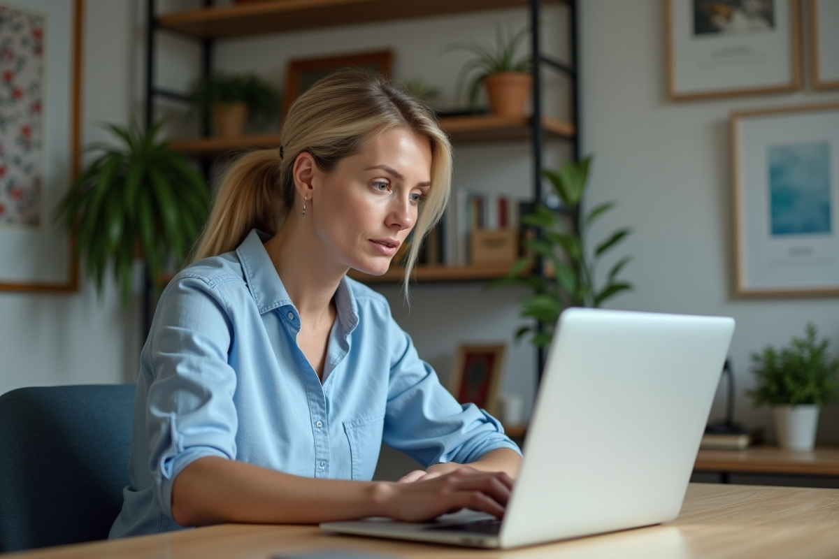 Femme utilisant un ordinateur portable pour la transcription