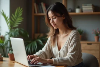 Jeune femme utilisant un ordinateur portable à la maison