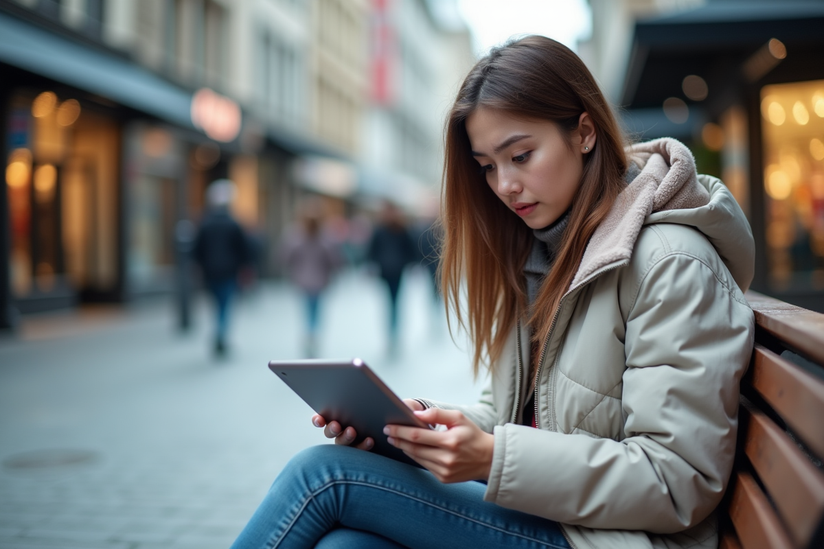 Jeune femme assise sur un banc en ville regardant sa tablette