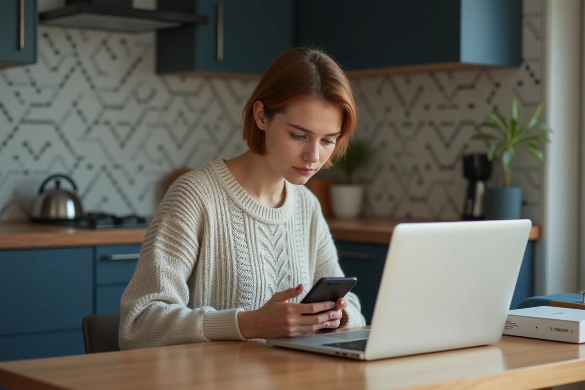 Jeune femme concentrée utilisant son smartphone près d un modem dans la cuisine