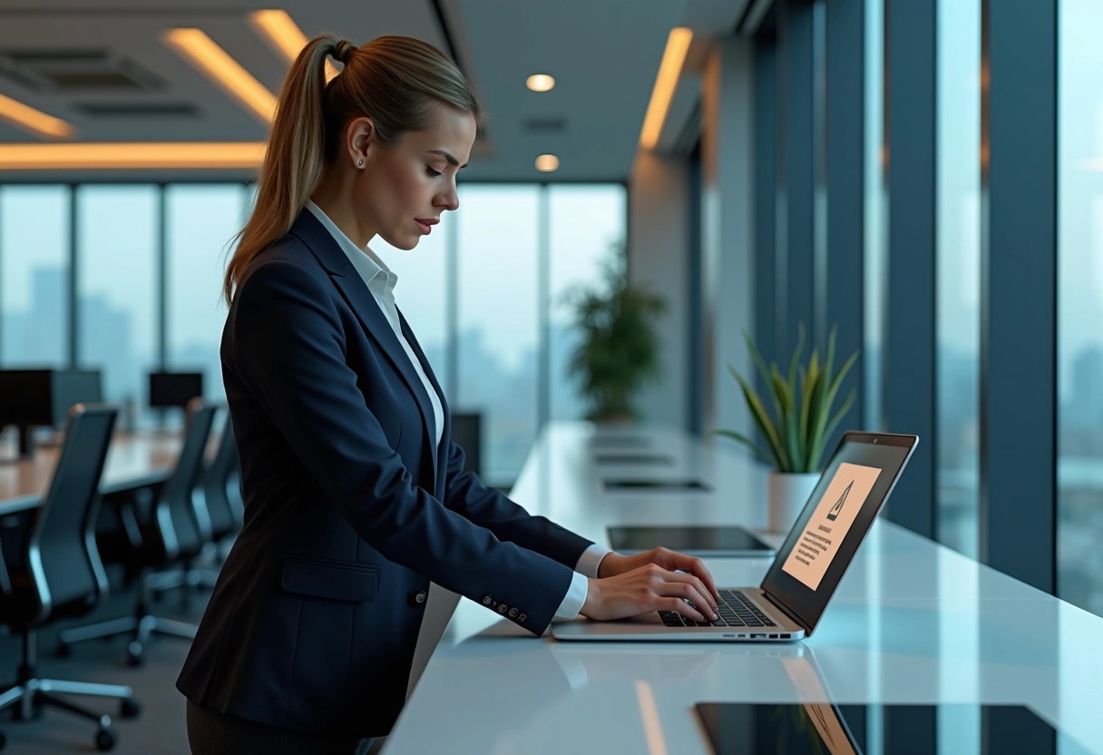 Femme d affaires vérifiant une alerte sur son ordinateur